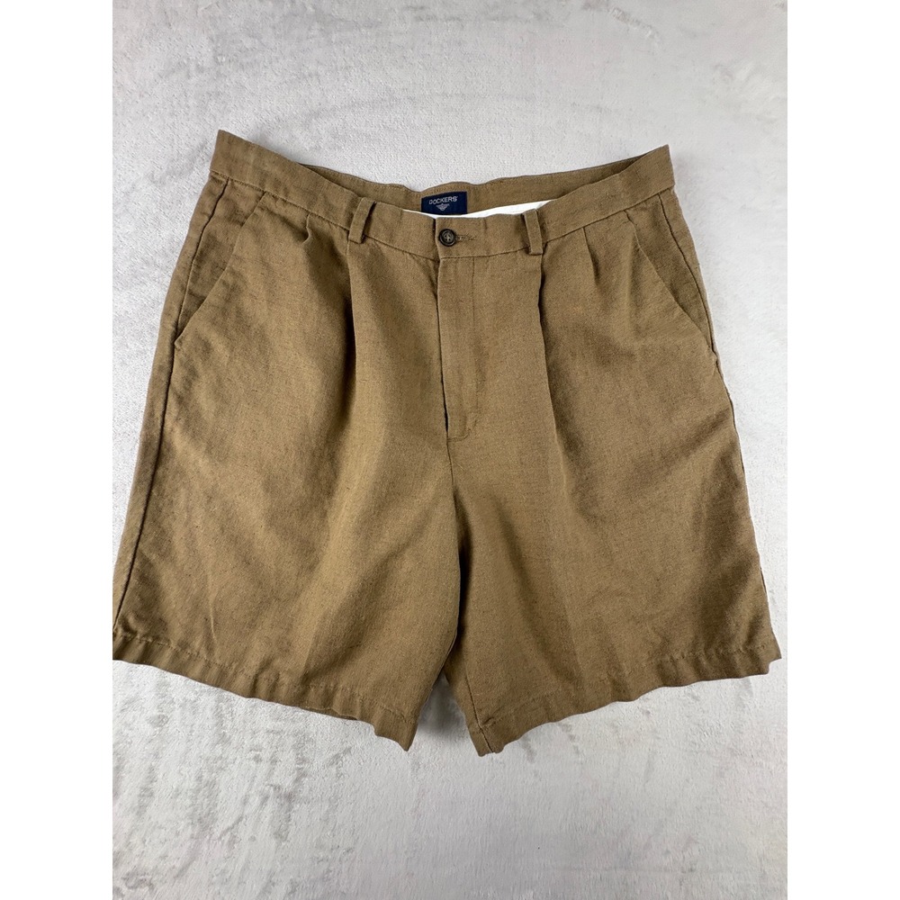 Dockers Mens 36 Pleated Relaxed Fit Linen Cotton Blend Khaki Tan Shorts